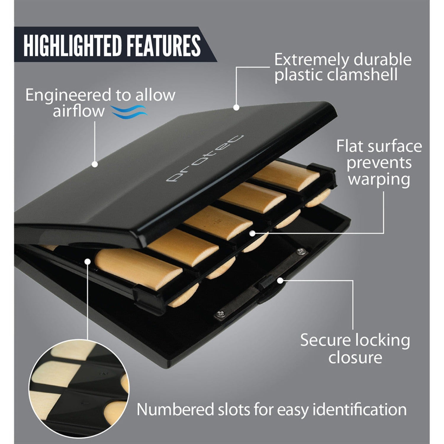 rear view of packaging for Protec alto/tenor sax reed case, on white background, highlighting various features (Engineered to allow airflow; Extremely durable plastic clamshell; Flat surface prevents warping; Secure locking closure; Numbered slots for easy identification)