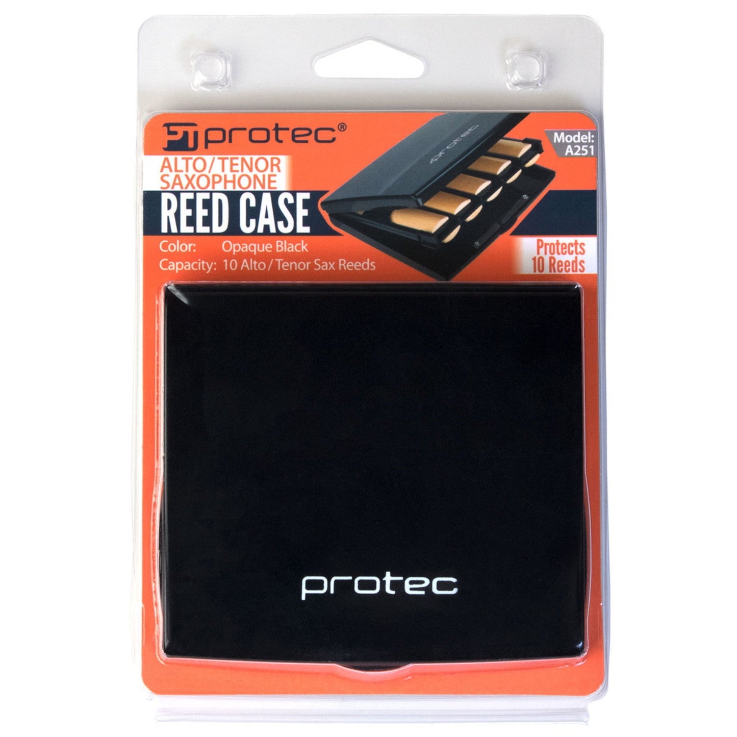 Protec alto/tenor sax reed case in plastic retail packaging, against white background