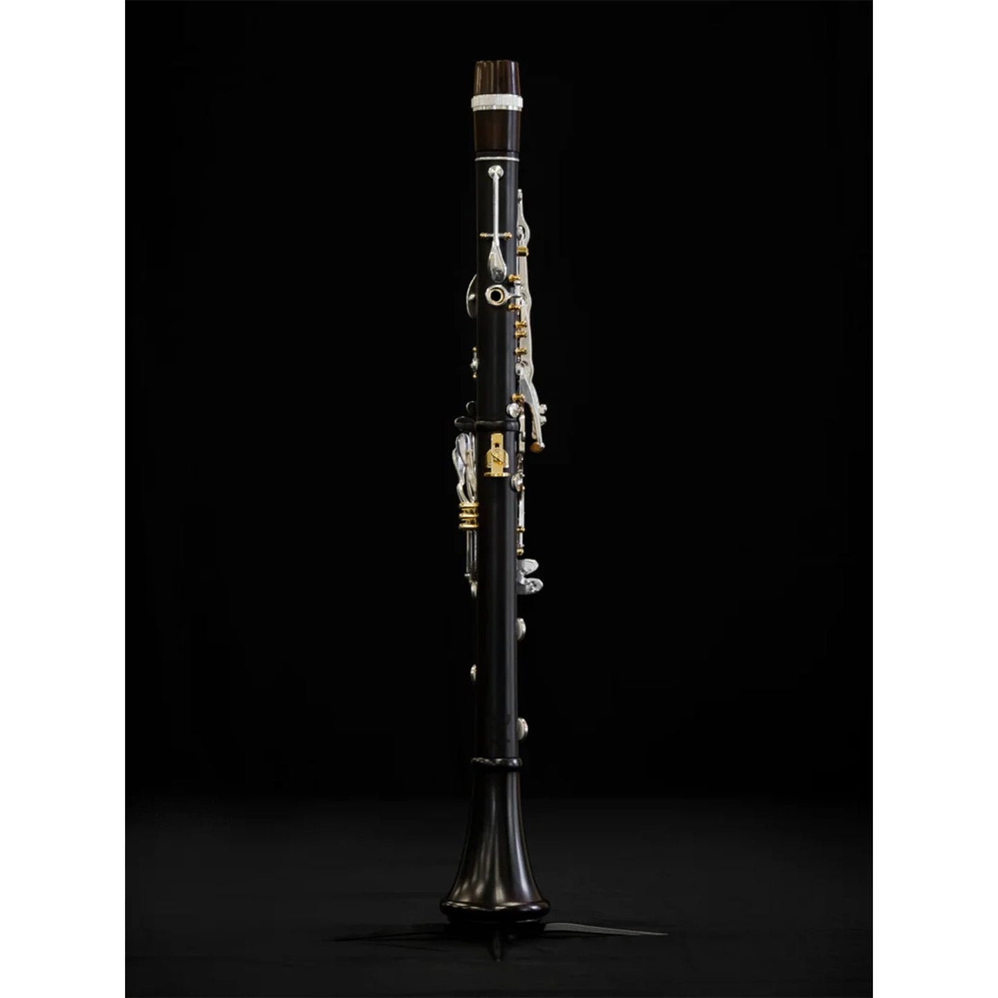 full length rear view shot of clarinet assembled on a stand, against black background