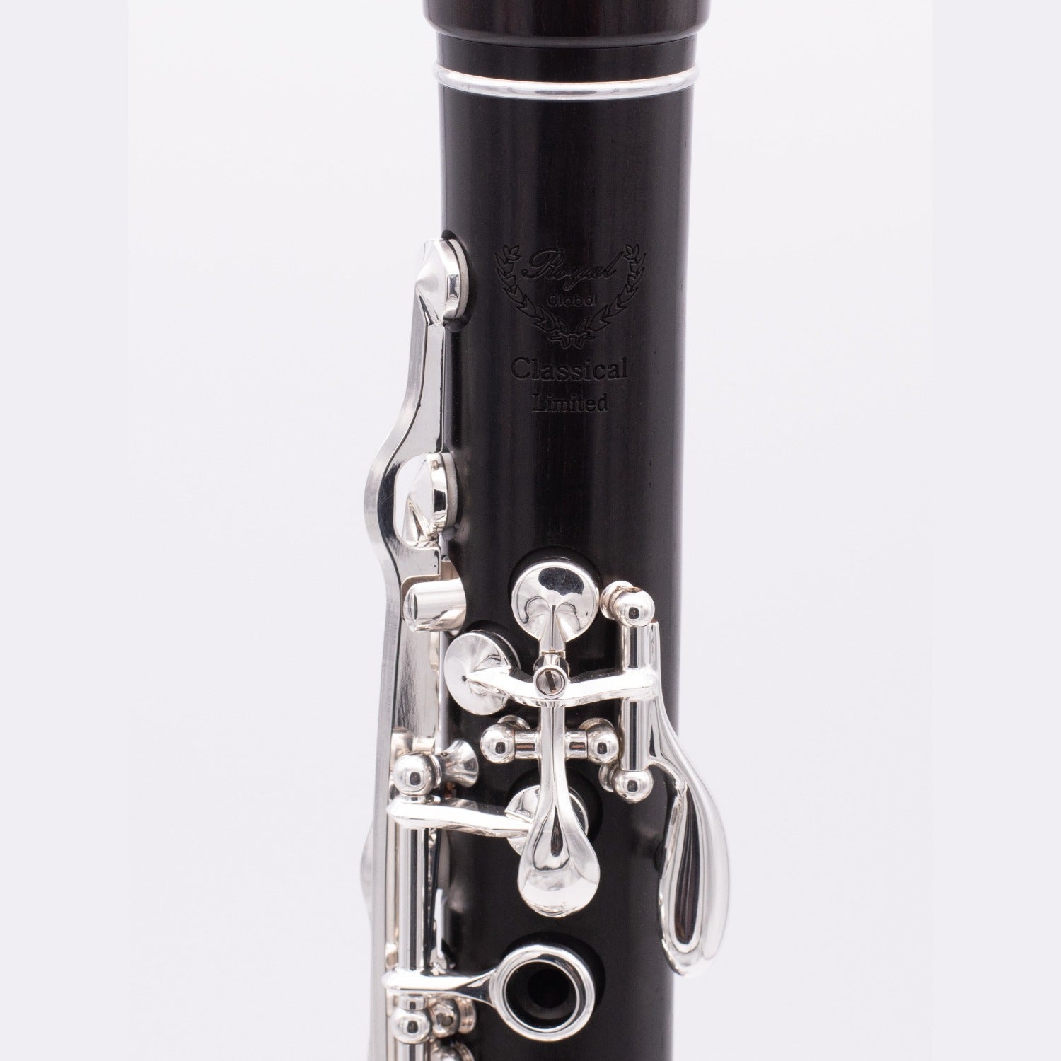 Closeup of upper joint logo engraving on Royal Global Classical Limited clarinet