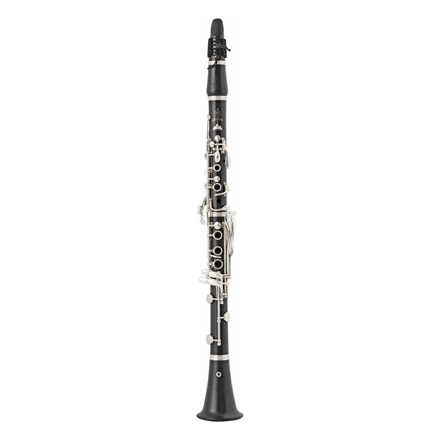 full length photo of Uebel Zenit grenadilla Bb clarinet with silver plated keys on a white background