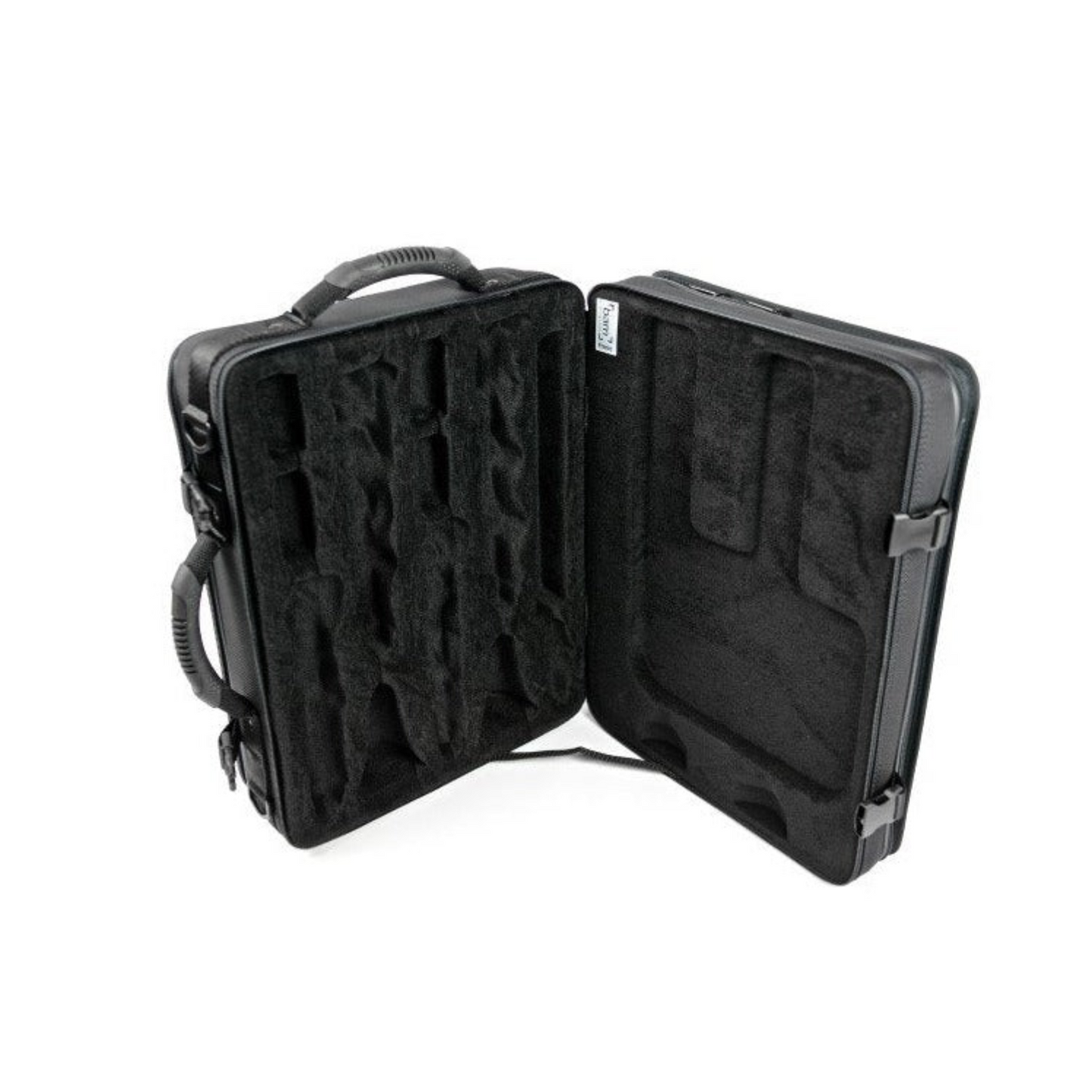 BAM Trekking double clarinet case, standing open on one end, showing slots inside for clarinet parts, extra barrels, and mouthpieces; against white background