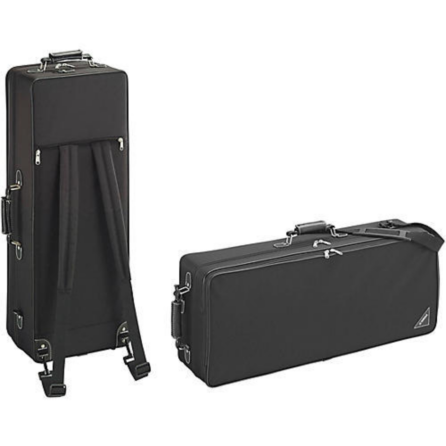 front and rear view of black backpack hard case for Yamaha alto saxophone, on white background