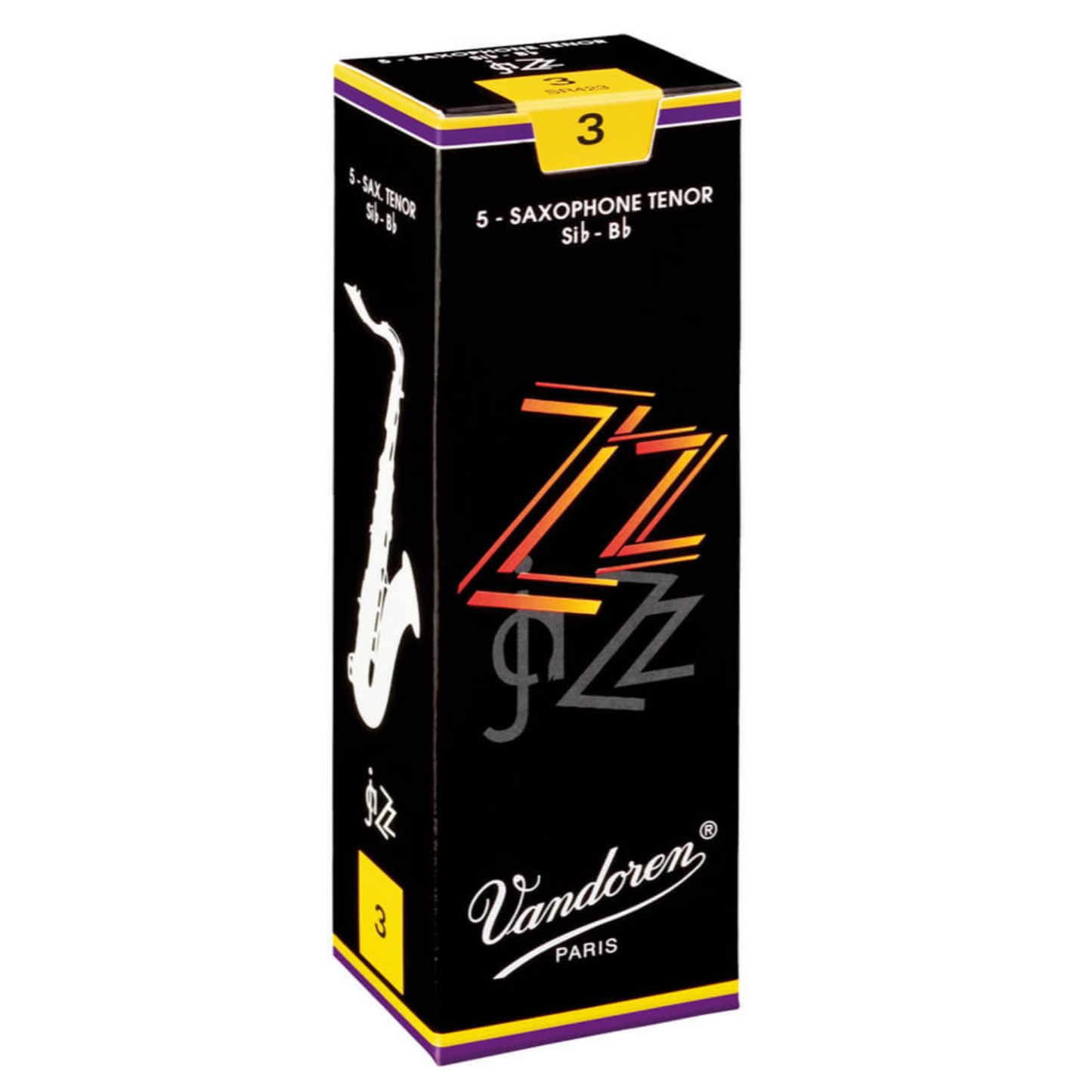 Box of Vandoren Tenor Saxophone ZZ reeds, strength 3, on white background