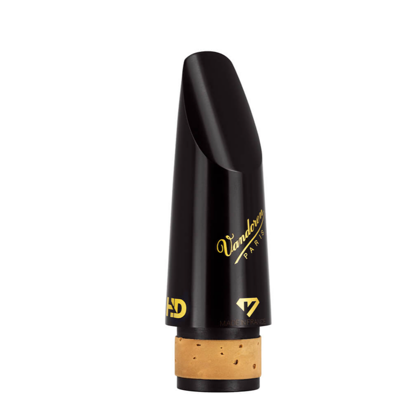 Frontal shot of Vandoren BD5HD Bb clarinet mouthpiece, showing all 3 logos (Vandoren Paris,  Black Diamond, and HD), against white background