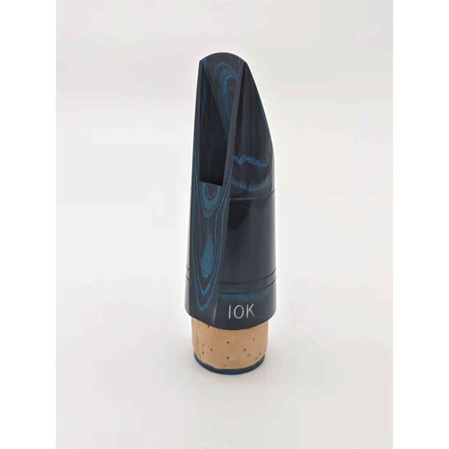 Three-quarters rear side view of blue marbled Fobes 10k Bb mouthpiece on a gray background