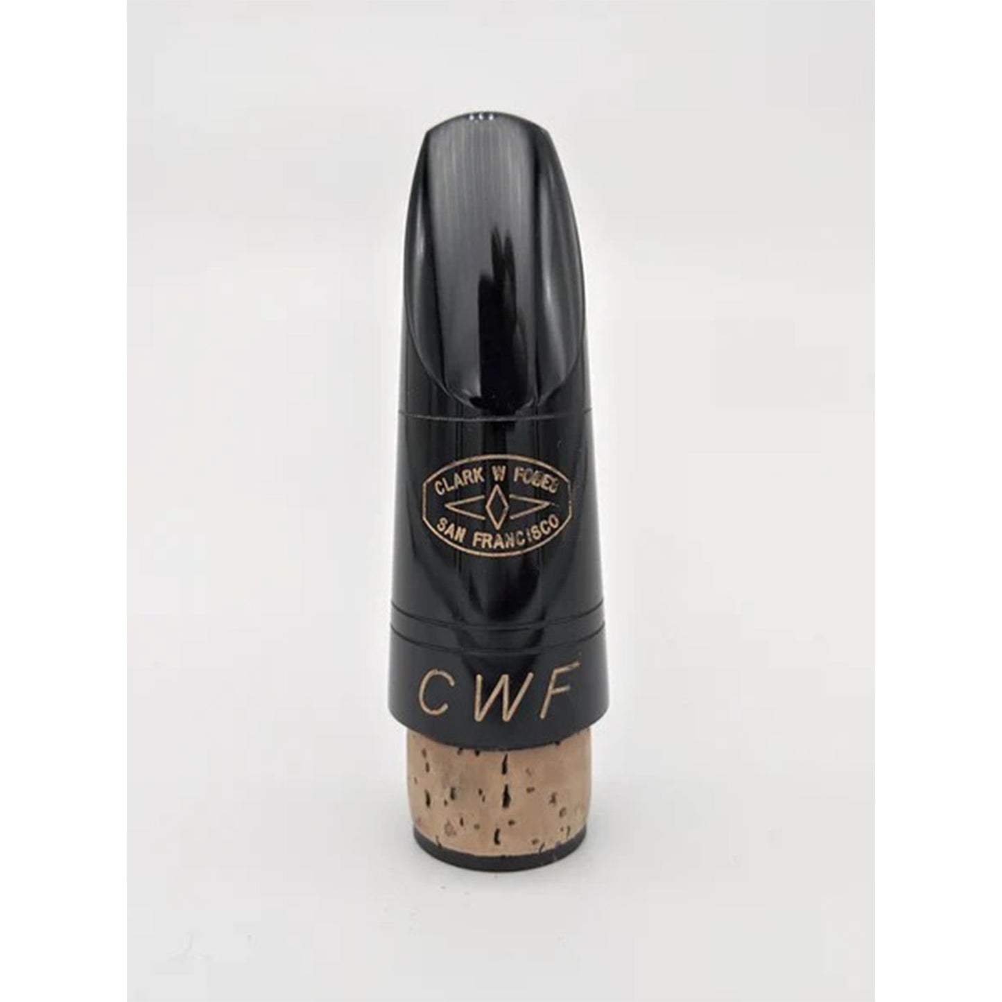 Front view of Fobes CWF clarinet mouthpiece on a light gray background