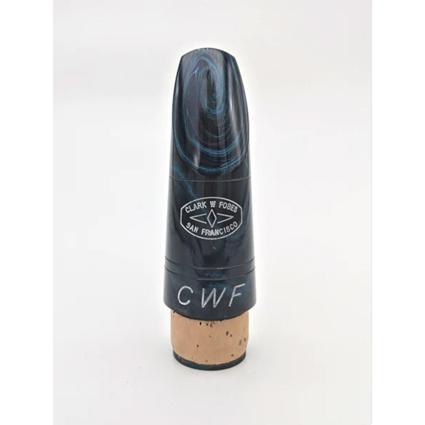Front view of blue marbled Fobes CWF clarinet mouthpiece on a light gray background