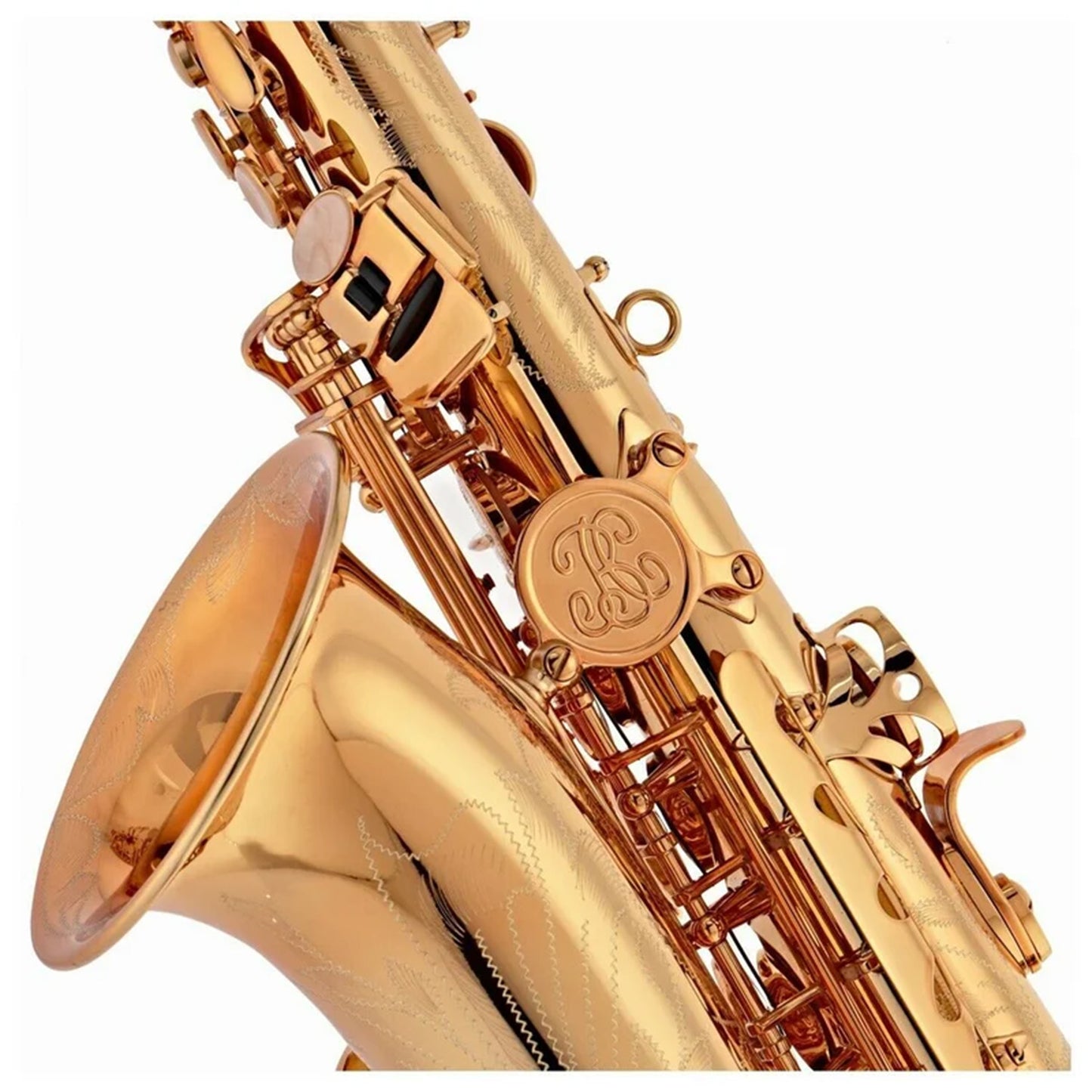 closeup of bell to body brace of Buffet 400 Alto saxophone in gold lacquer