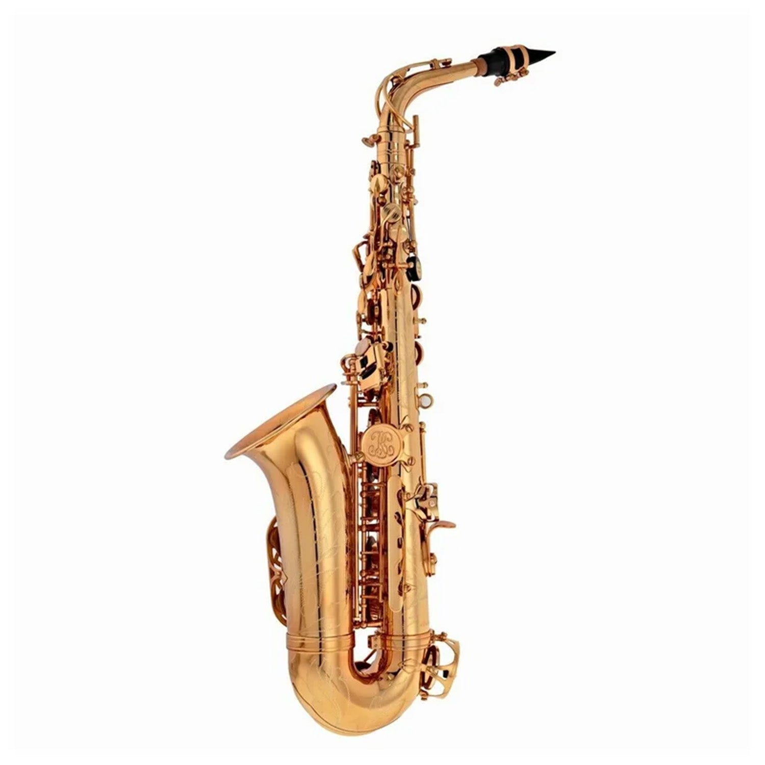 Left hand side view of Buffet 400 alto saxophone in gold lacquer