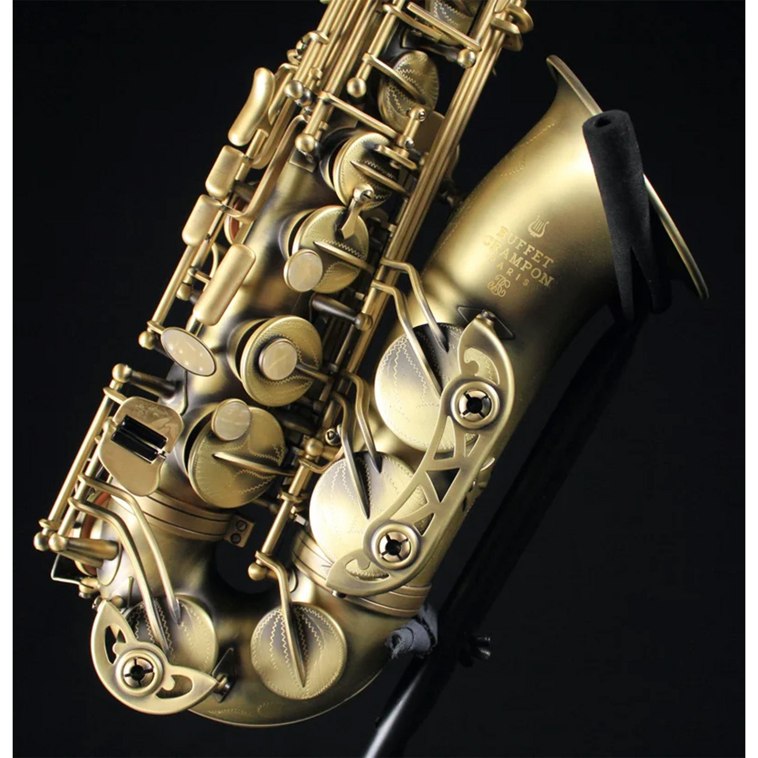 Closeup of bell and lower key stack of Buffet 400 alto saxophone in matte finish