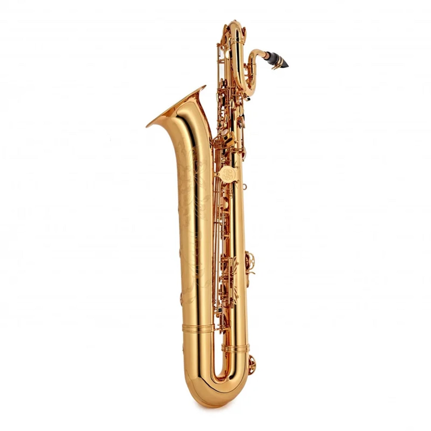 full view of left hand side of Buffet 400 baritone saxophone in lacquer