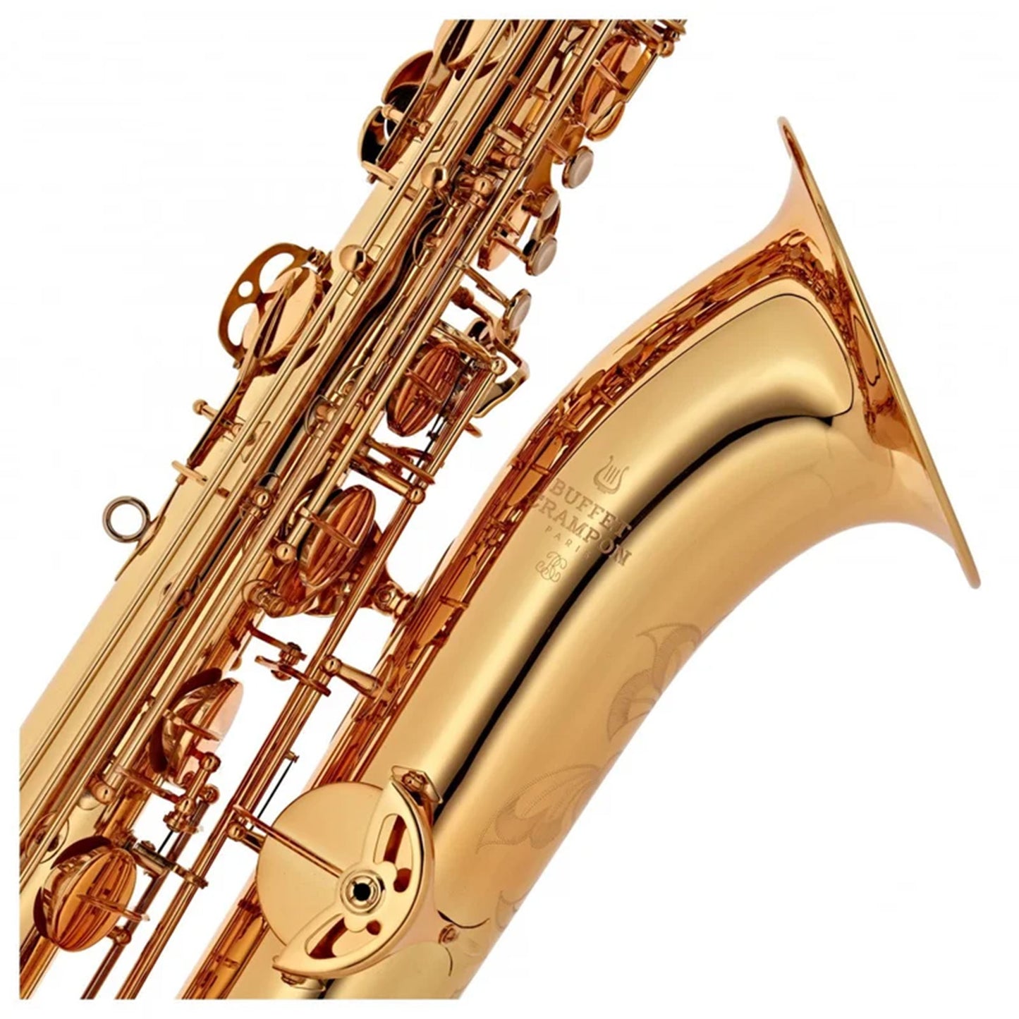 close up of bell logo of Buffet 400 baritone saxophone