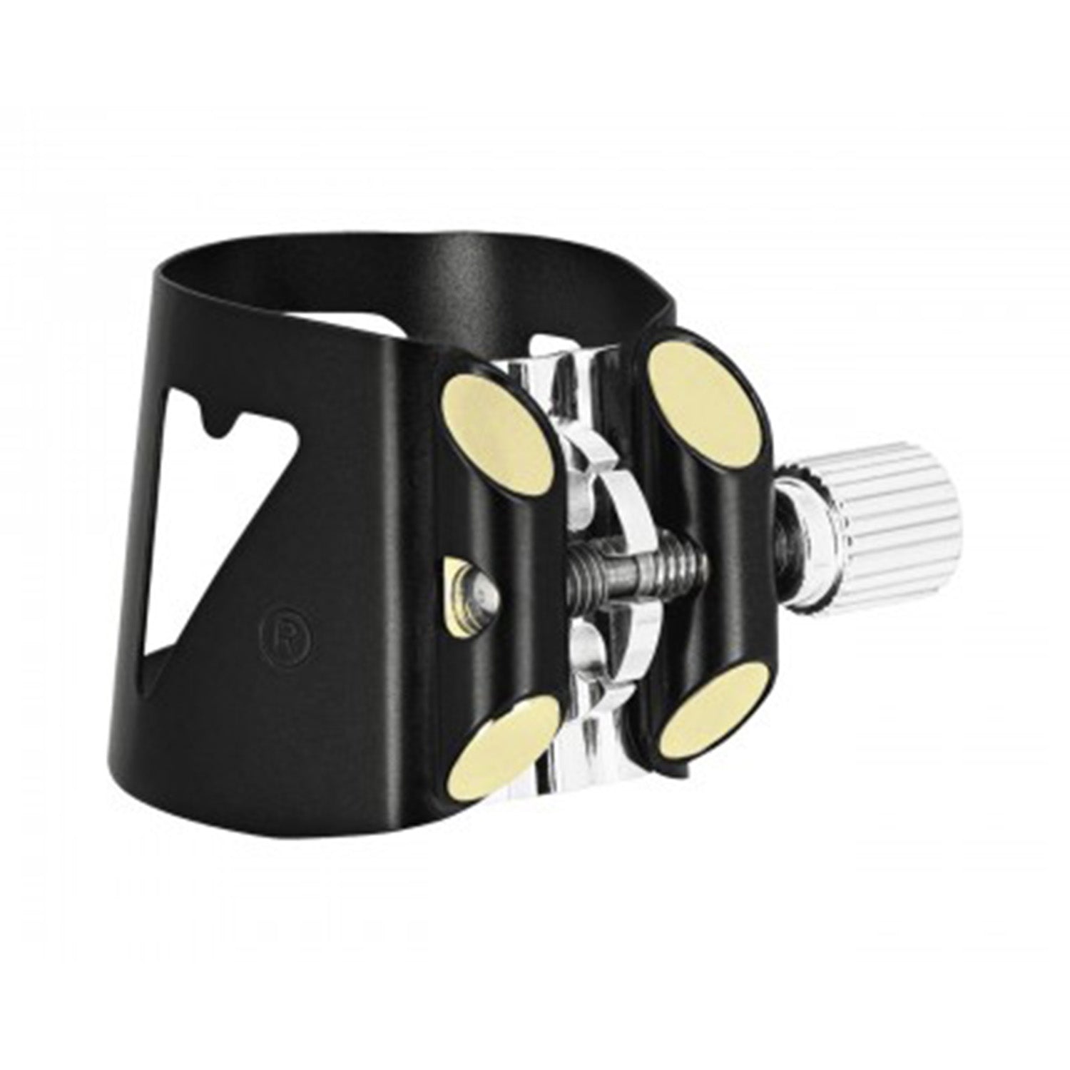 Closeup of Vandoren Optimum black clarinet ligature against white background