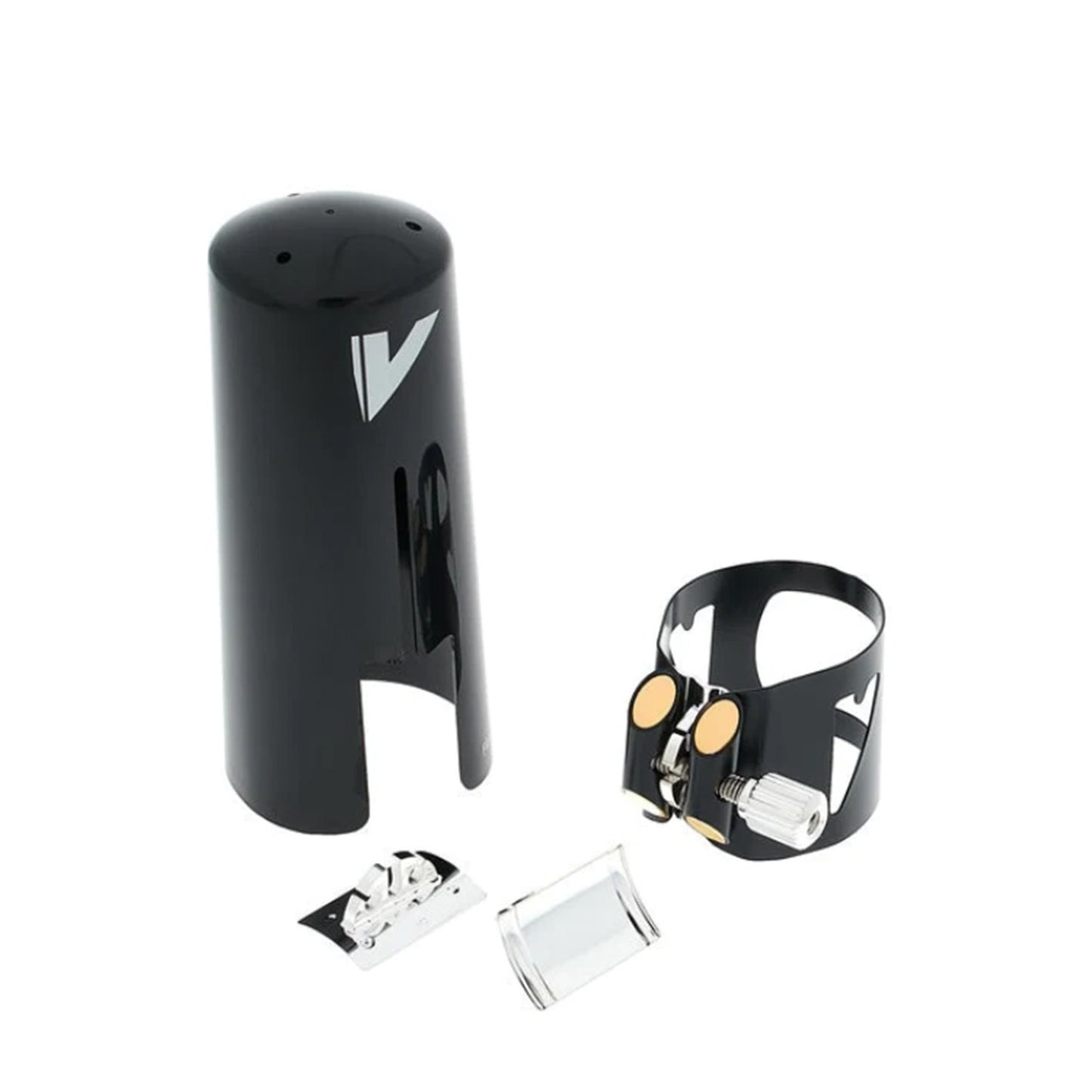 Vandoren Optimum clarinet ligature in black, with extra plates and cap, against a white background