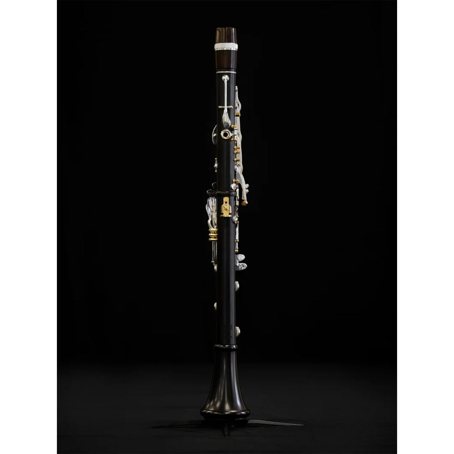 full length rear view shot of clarinet assembled on a stand, against black background