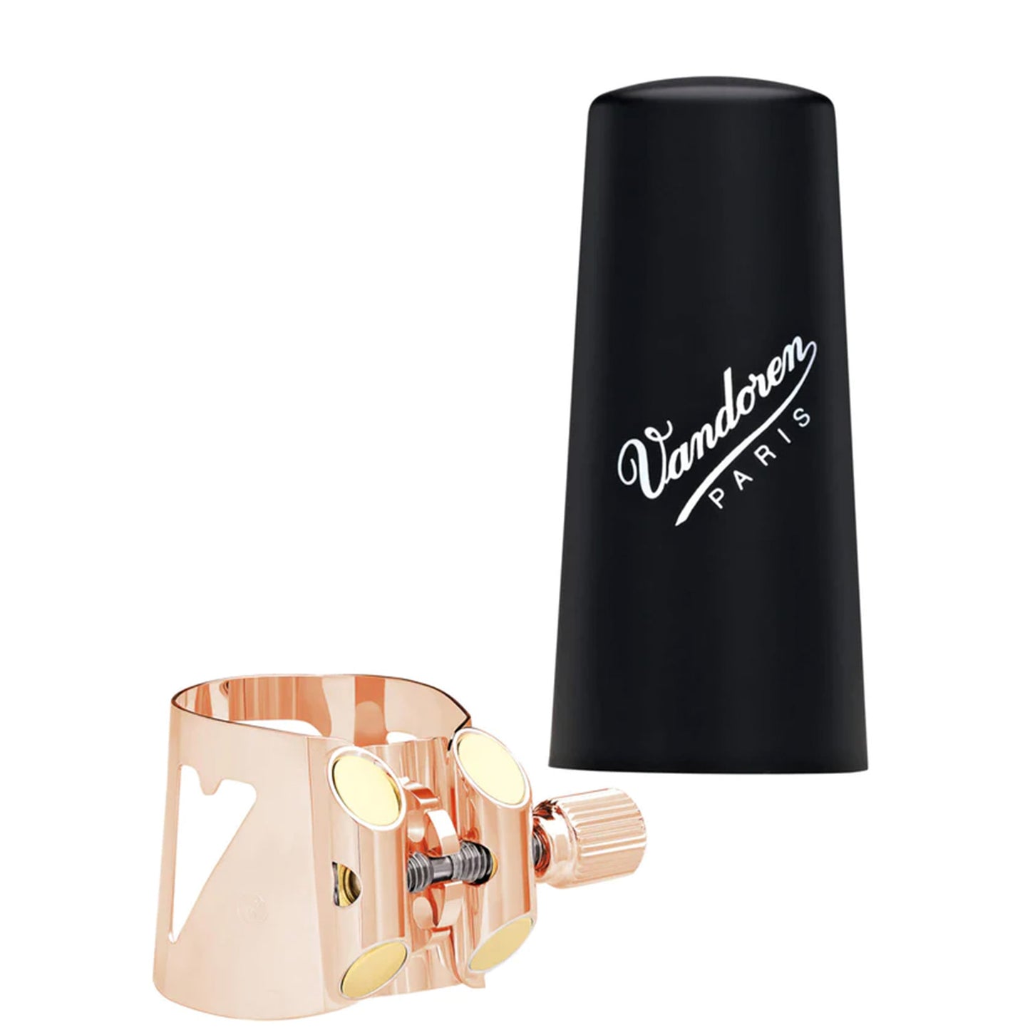 Vandoren Optimum clarinet ligature in pink gold, with cap, on a black background