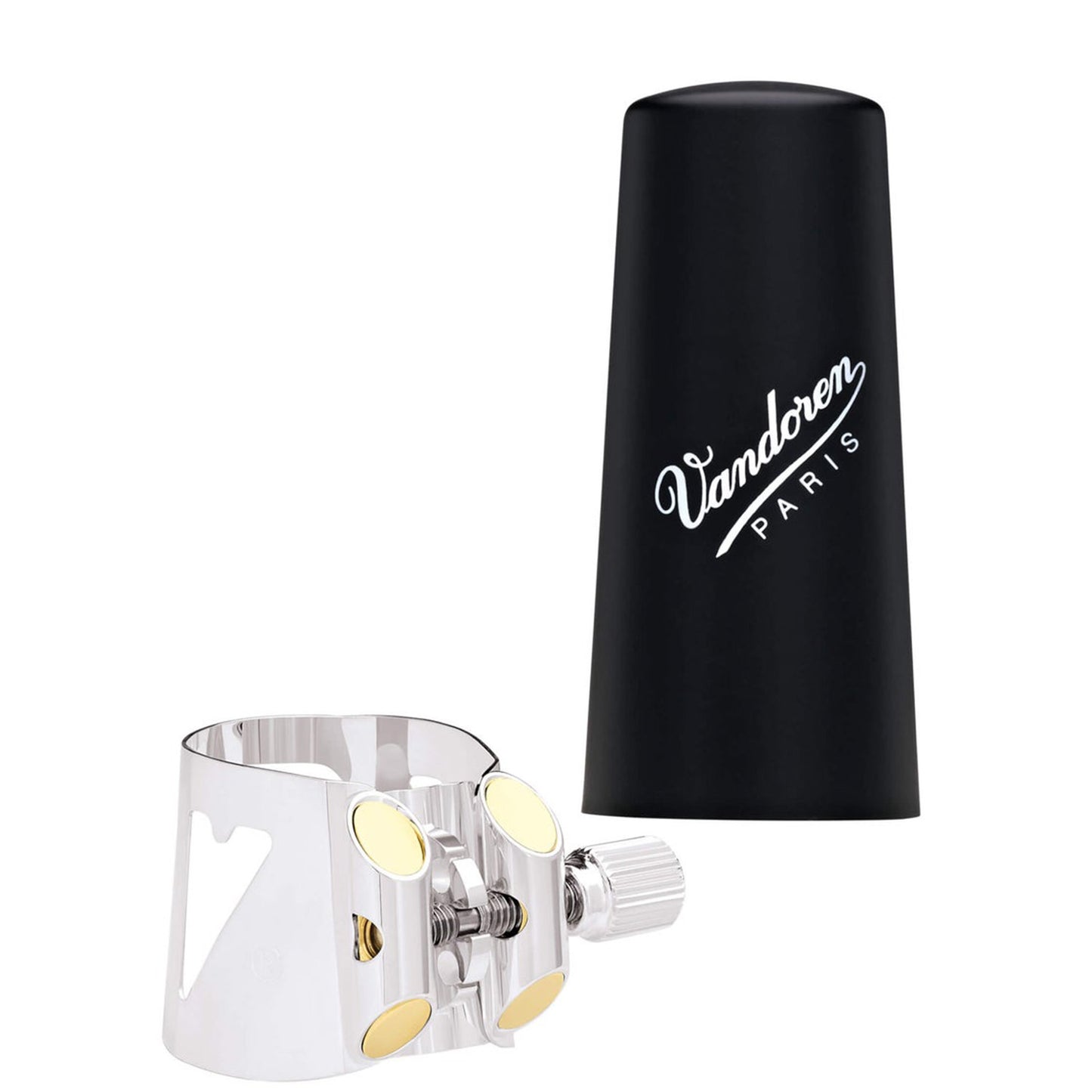 Silver Vandoren Optimum Bb clarinet ligature with cap against white background