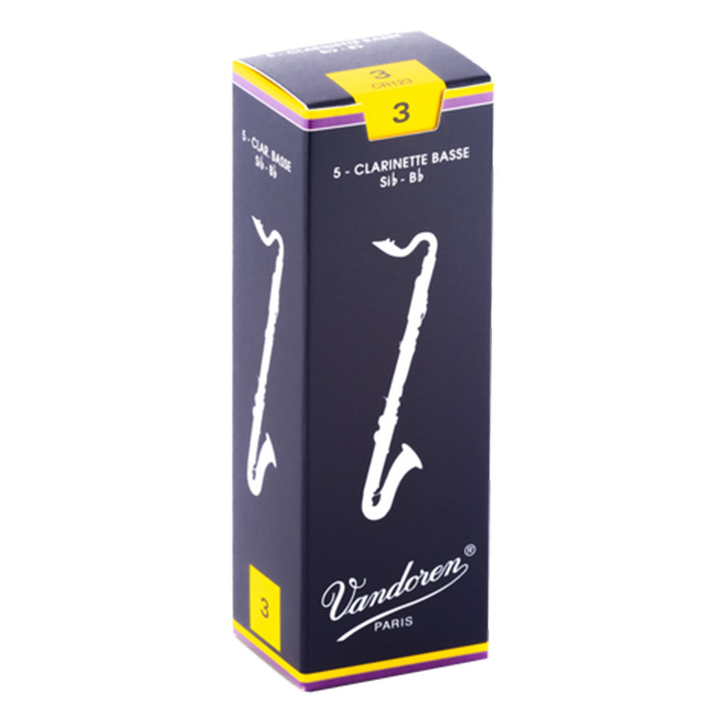 Vandoren traditional bass clarinet reeds, in blue box, on white background