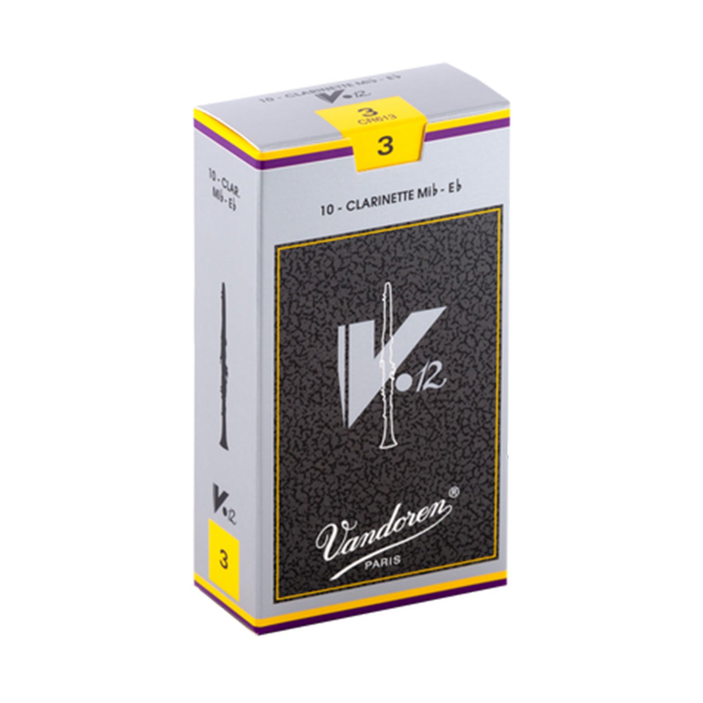 Box of Vandoren V12 Eb clarinet reeds against a white background